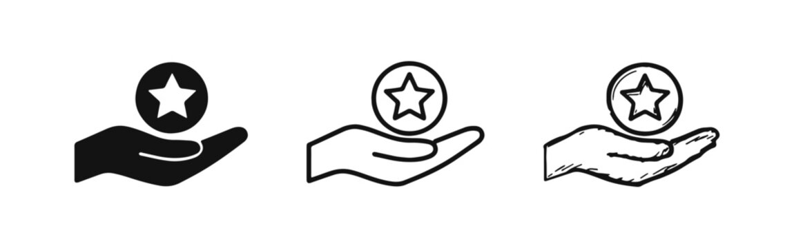 Star Reward Points Icon Set - Hand Offering Premium Benefits and Loyalty Tokens