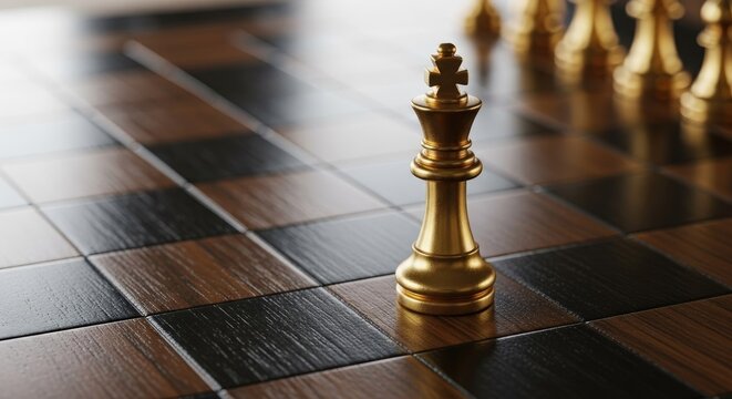 Golden chess king on a checkered board representing strategy and competition
