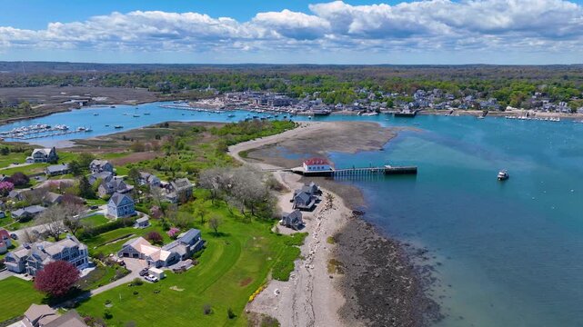 Scituate Harbor aerial view including Bulman Marine and Harbor Marina in town of Scituate, Massachusetts MA, USA. 