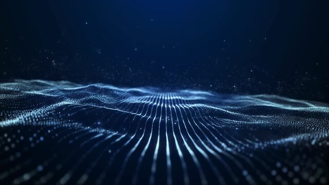 Abstract Blue Particle Wave Background with Flowing Digital Lines and Dots.