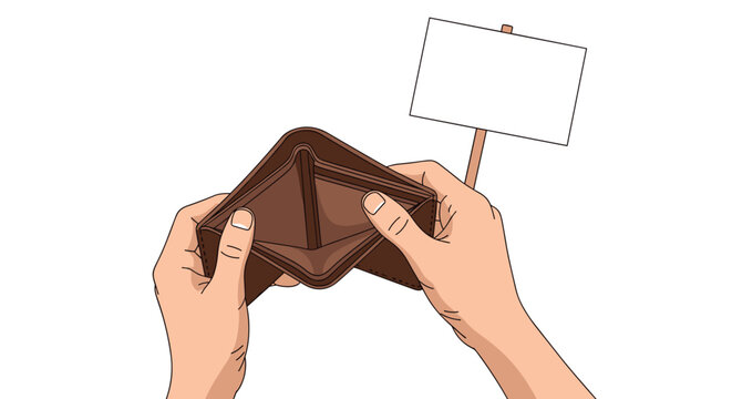 Two hands hold an open, empty brown leather wallet with a blank white sign in the background.