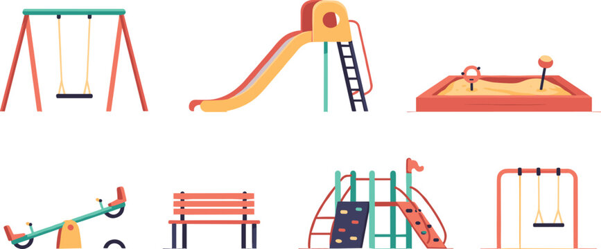 Playground equipment collection with swings slides sandbox seesaw climbing frame park flat cartoon illustration set