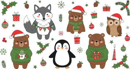Obraz premium Christmas Animals Illustration Set with Bears, Fox, Penguin, Owl, and Holiday Decorations for Winter, Christmas, and Festive Designs