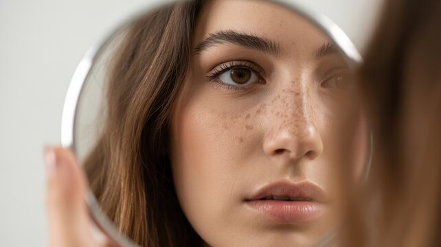Close up of a young woman with freckles looking at her face reflection in a handheld mirror