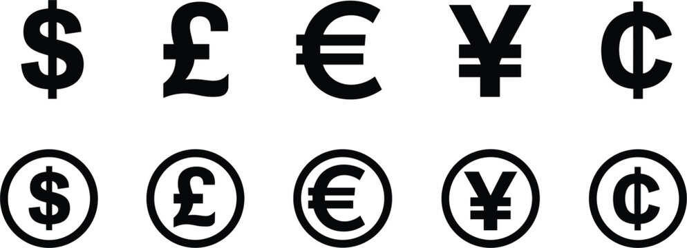 Currency symbols vector set, dollar euro pound yen cent icons collection finance design
