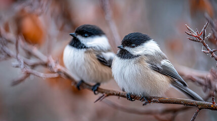 Obraz premium Two black-capped chickadees perched on a tree branch together