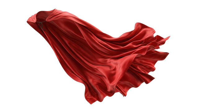 Flowing red silk superhero cape waving in the wind, shiny fabric texture. Isolated on transparent background, png