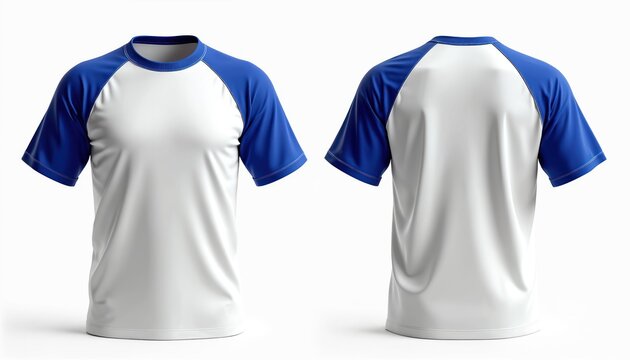 Front and back views of white and blue raglan short sleeve t-shirt. Blank apparel template for design presentation on isolated white background. Casual basic garment for everyday wear.