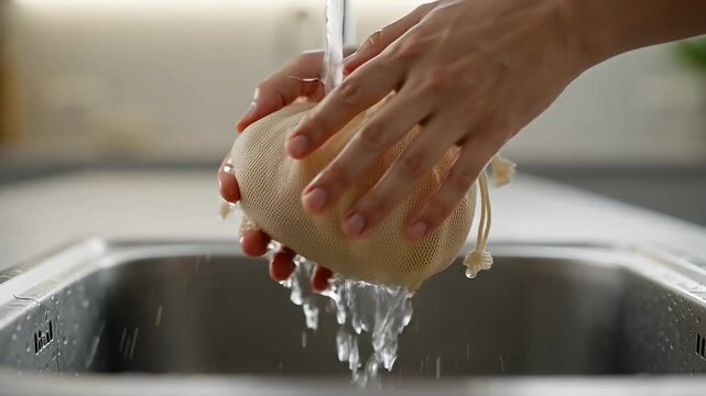 Hands Washing a Drawstring Bag Under Running Water in a Sink