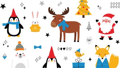 Fototapeta premium Christmas Woodland Animals in Winter Hats and Sweaters with Holiday Decor, Gifts, and Snowflakes