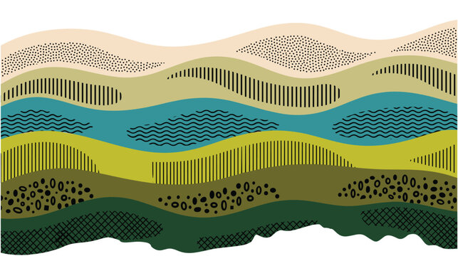 Abstract layered landscape background with patterns and wavy shapes.