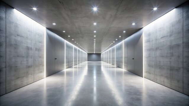 Modern minimalist concrete hallway with sleek doors and linear lighting