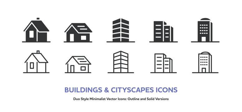 戸建,ビル,マンション,ホテルなどのシンプルなベクターアイコンセット。線画と塗り