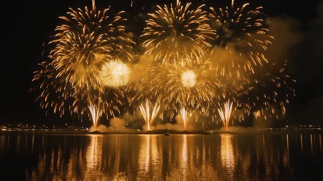 Vibrant gold pyrotechnics explode in dark night sky. Bright reflections shimmer on calm water surface. Ideal for New Year celebrations, fourth of July events, and festive corporate video backgrounds.