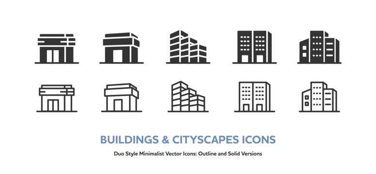 コンビニ,店舗,ビル群など、街の建物のシンプルベクターアイコンセット