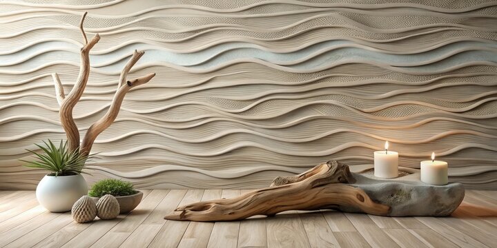 Serene interior design featuring a wave-textured wall, driftwood accents, potted plants, and burning candles on a natural stone base.