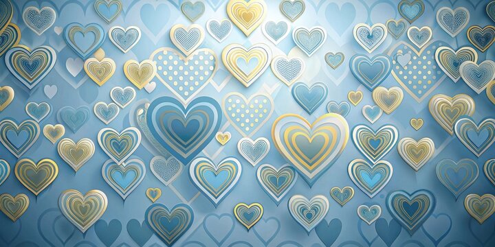 A Lovely Collection of Blue and Gold Hearts on a Light Blue Background, Perfect for Romantic Designs and Celebrations