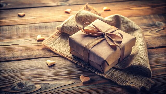 A Rustic Brown Gift Box Tied with a Bow on Burlap, Surrounded by Small Wooden Hearts