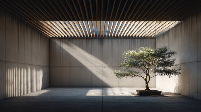 Bonsai tree in modern minimalist concrete room with skylight and wooden ceiling