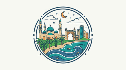 Naklejka premium Coastal Cityscape Cartoon Icon with Mosque