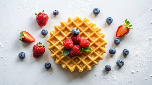 A delightful waffle adorned with a vibrant medley of fresh strawberries and blueberries, artfully arranged for a delectable breakfast treat.