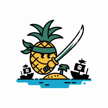 Pirate Pineapple Holding Sword on Tropical Island with Ships