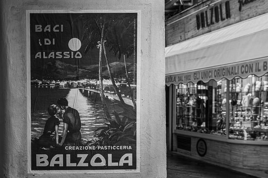 A vintage poster promotes the famous and delicious kisses of Alassio