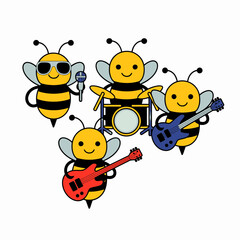 Fototapeta premium Cartoon Bees Playing Musical Instruments on White Background