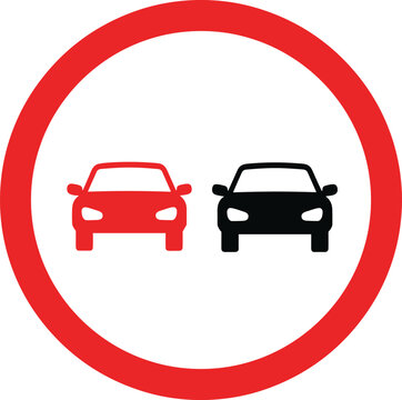 No overtaking traffic sign, road safety regulation symbol with red border and car icons - flat vector illustration