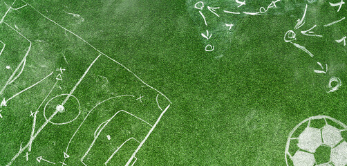 Grungy soccer or football design template. well-groomed turf in the stadium and soccer strategy with copy space. © Igor Link
