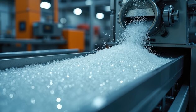 Clear plastic granules pour from machine into tray. Manufacturing process creates small pellets. Industrial production line forms raw material for goods. Factory equipment processes material.