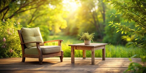 Obraz premium Serene outdoor patio scene featuring a comfortable wooden armchair and small side table, bathed in warm sunlight and surrounded by lush green foliage.