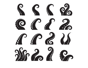 Fototapeta premium Black Kraken Tentacles Vector Set, 15 Mythical Sea Monster Arms, Octopus Tentacle Silhouettes, Marine Creature Design Elements for Fantasy and Ocean Themes