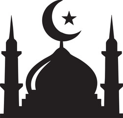 A black silhouette of a mosque with a crescent moon and star © Sk