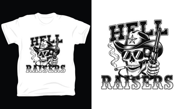 Hell raisers skull illustration, cowboy hat with gun vector for clothing designs.