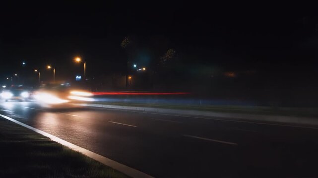 Time-lapse of car lights creating light trails on a busy highway at night.