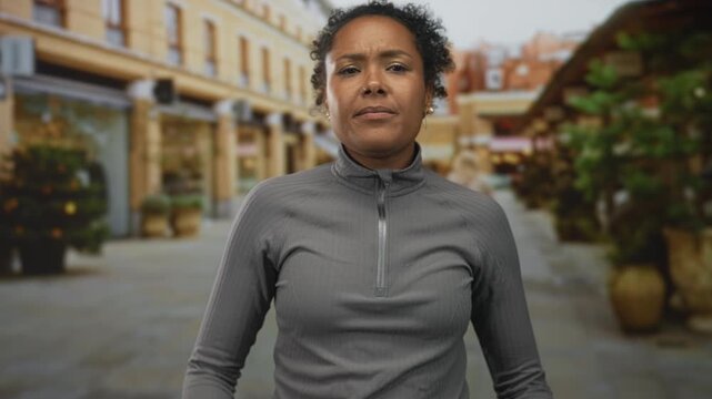 Woman frowns showing face under curly hair on a street lined with shops and potted plants; frustration.