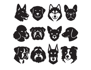 Fototapeta premium Dog breed head silhouettes, diverse canine vector collection, black and white pet animal portraits, graphic resource for veterinary, pet shop, or animal rescue branding