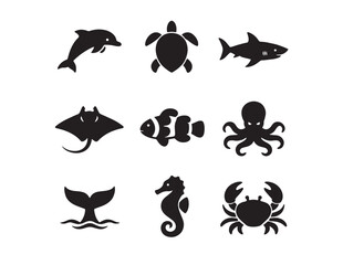 Ocean animal silhouette vector icon set. Marine life creatures, a collection of sea animals including dolphin, turtle, shark, stingray, clownfish, octopus, whale tail, seahorse, and crab © Prodeep