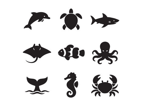 Ocean animal silhouette vector icon set. Marine life creatures, a collection of sea animals including dolphin, turtle, shark, stingray, clownfish, octopus, whale tail, seahorse, and crab