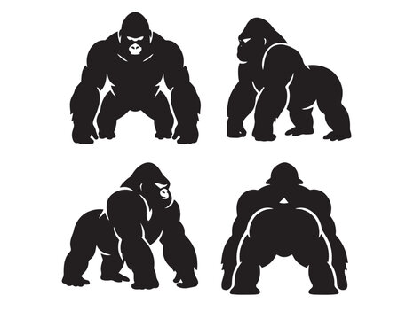 Powerful gorilla vector set, strong ape silhouette collection, black primate animal graphics for branding and design, muscular monkey illustration pack