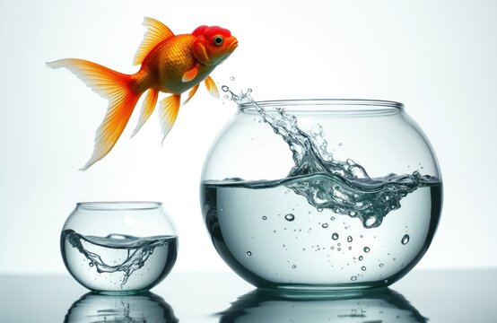 Goldfish jumps from small bowl to big one. Symbolic movement for career, life change, progress and success. Leap for ambition, overcoming barriers, and new opportunity.