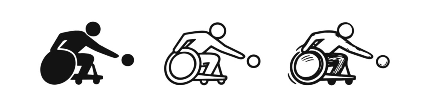 Wheelchair Boccia Player Icon Set. Disabled athlete playing ball sport, Paralympic game symbol vector illustration.