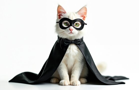 White cat wears black superhero mask and cape. Cute feline dressed as comic book character. Animal poses for photo with white background. Innocent pet has big green eyes.
