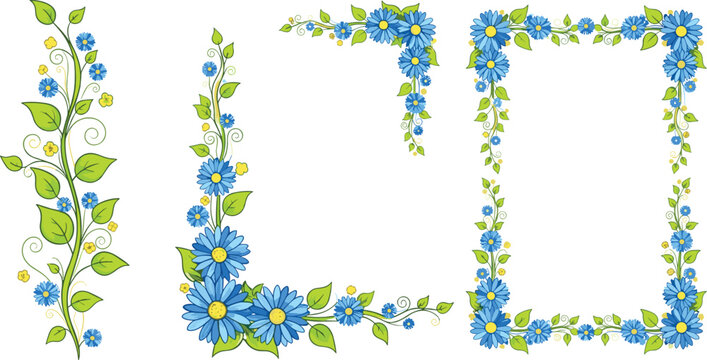 Hand-Drawn Blue Floral Frames and Vines with Yellow Accents and Green Leaves for Nature and Botanical Designs