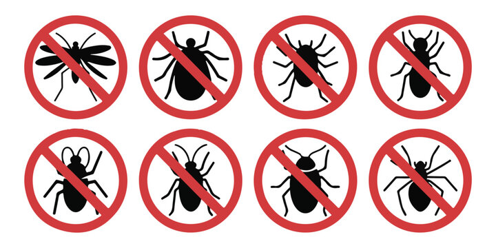 No insect signs vector collection set of prohibition symbols for various pests isolated on white.