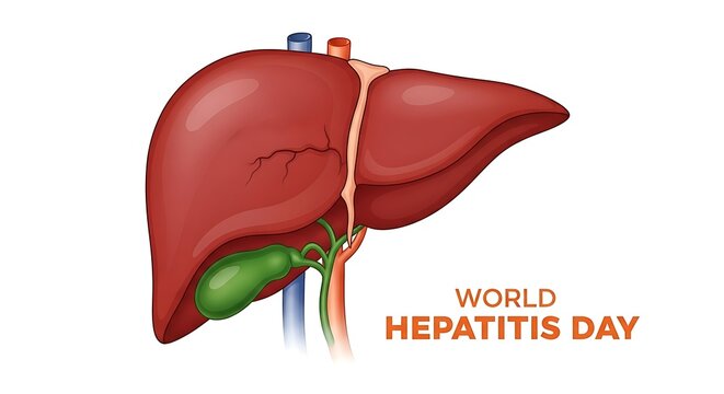 A detailed medical illustration of the human liver and gallbladder for world hepatitis day event