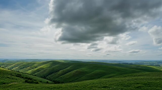 Lush green rolling hills landscape underneath a dynamic sky of clouds