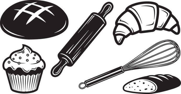 Baking icons, pastry symbols, bakery illustrations, black and white vector graphics