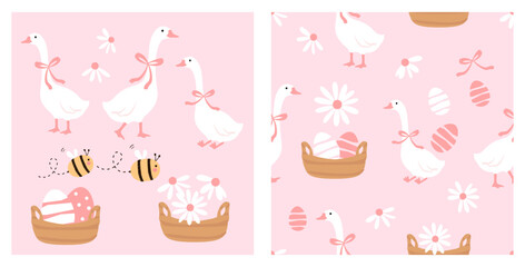 Cute goose easter egg floral seamless pattern pastel pink duck and basket spring background design.